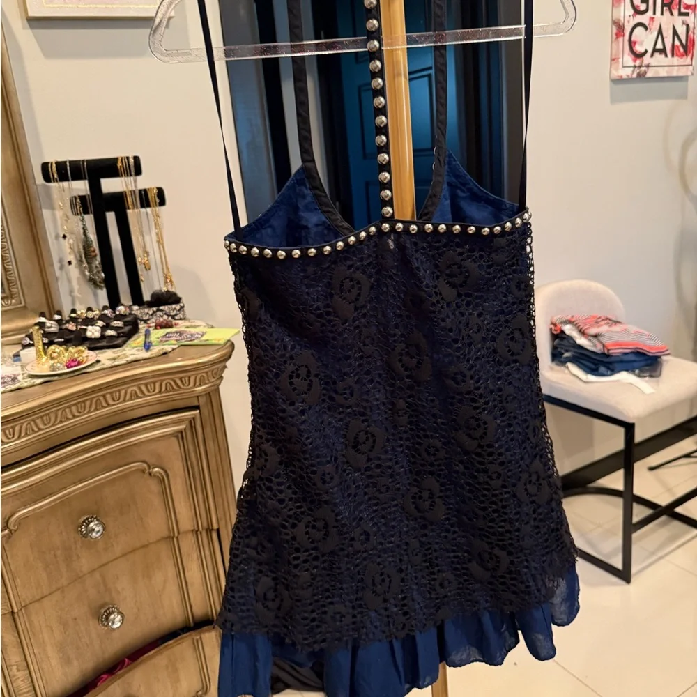 Free People Chic Navy Lace Dress with Pearl Details - Picture 6 of 11